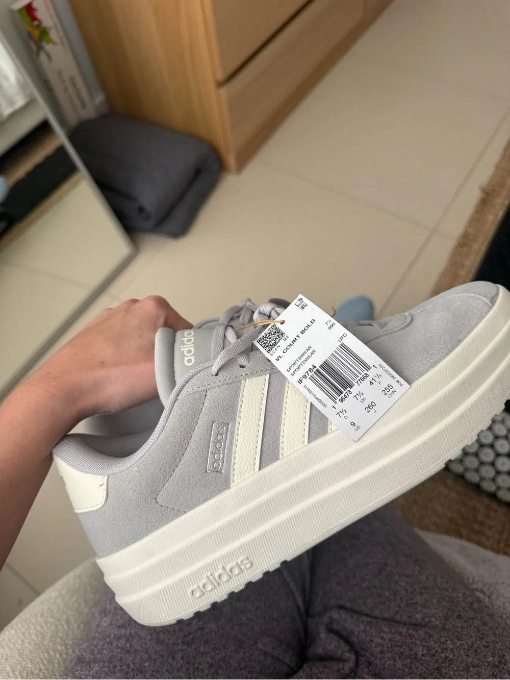 adidas Women’s Light Gray Suede Platform Sneaker with Cream Stripes